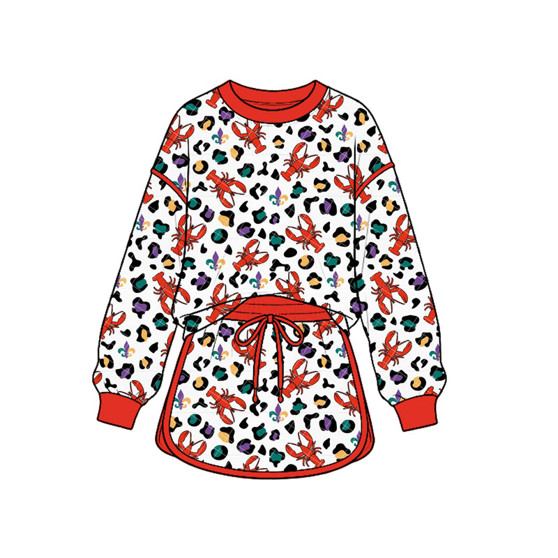 (Custom Design Preorder MOQ 5 Each) Crayfish Colorful Leopard Print Girls Mardi Gras Clothes Set Sisters Wear