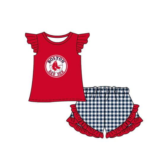 (Custom  Preorder MOQ 5) Baby Girls Boston Red Sox Top Checked Ruffle Short Team Clothes Set