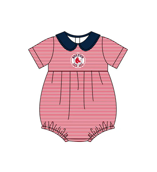 (Custom  Preorder MOQ 5) Baby Girls Short Sleeve Boston Red Sox Team Ruffle Rompers