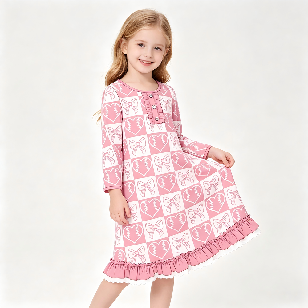 9.4 GLD1795 Preorder  Baby Girls Heart Baseball Pink Long Sleeve Gown