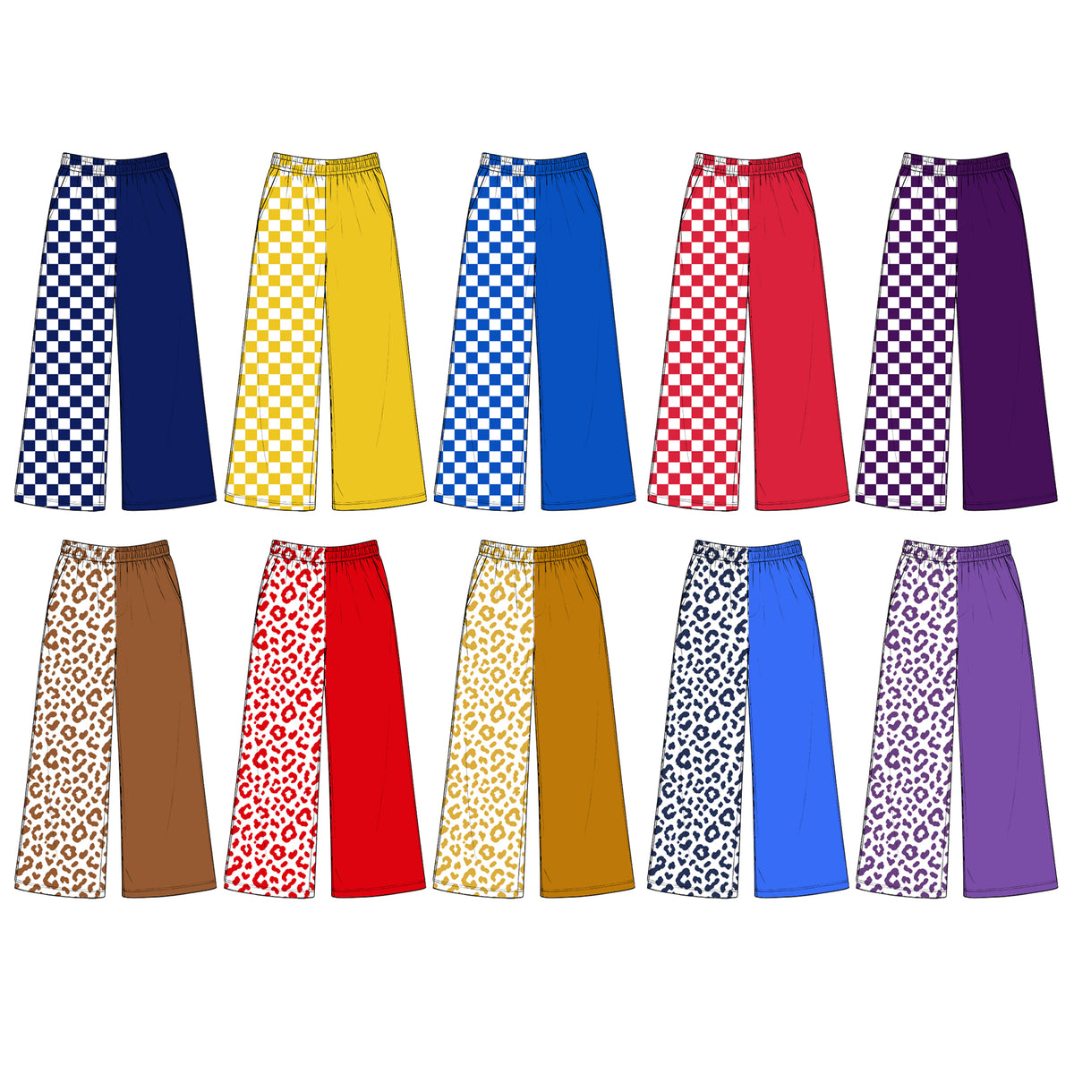 (Custom Design Preorder MOQ 5 Each)Teams Checkered Leopard Print Girls Straight Pockets Bottom Pants Sisters Wear