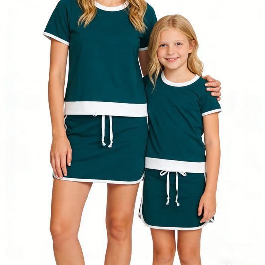 Mommy and Me Teal & White Contrast Trim Matching Set | Short Sleeve Top & Skort Outfit for Mother Daughter