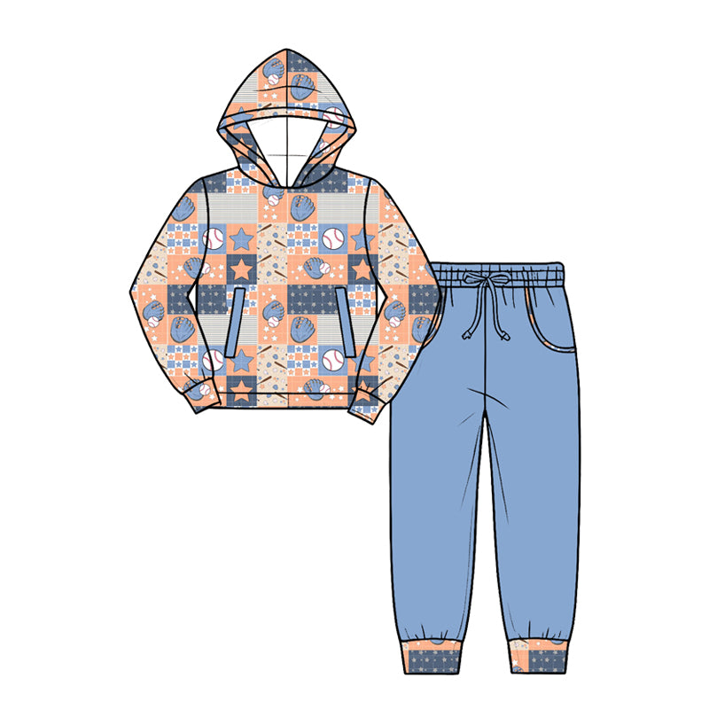 (Custom Design Preorder MOQ 5 Each)Baseball Print Hoodie Top Pockets Pants Boys Fall Clothes Set Brothers Wear