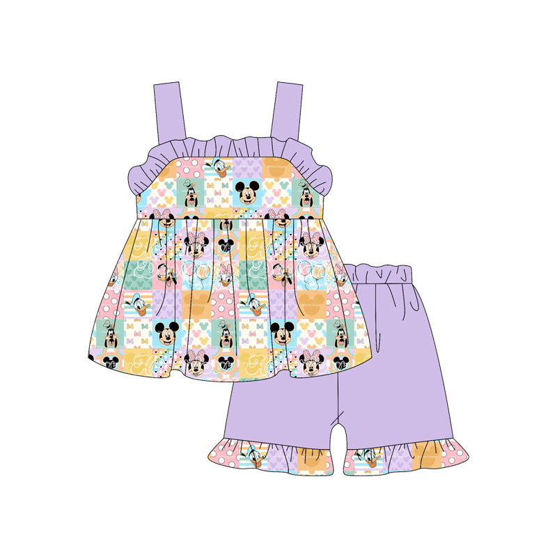 (Custom Design Preorder MOQ 5)  Colorful Plaid Cartoon Mouse Tunic Top Purple Shorts Girls Summer Outfits