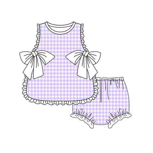 (Custom Design Preorder MOQ 5) Purple Plaid Sleeveless Top Shorts Girls Summer Bummie Set