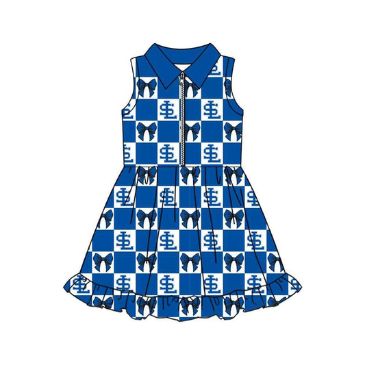(Custom Design Preorder MOQ 5) Baby Girls Blue Bows SL Checked Zip Team Ruffle Knee Length Dresses