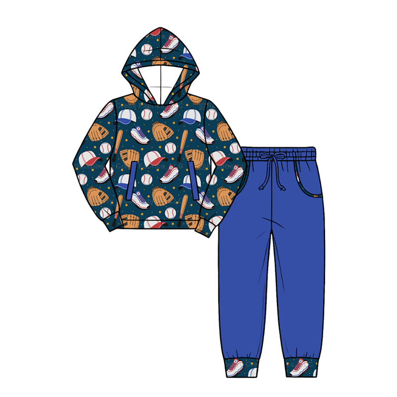 (Custom Design Preorder MOQ 5 Each)Baseball Print Hoodie Top Pockets Pants Boys Fall Clothes Set Brothers Wear