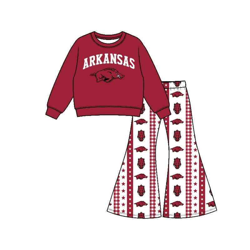 Preorder( 5  MOQ) Baby Girls Sport Team Arkansas Long Sleeve Top Bell Bottom Pants Outfit