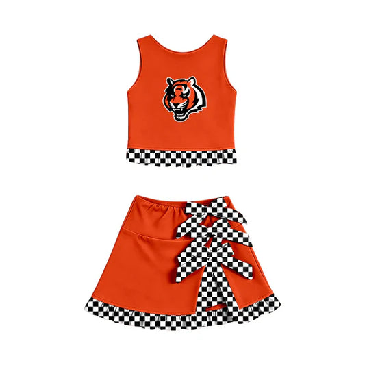 (Custom  Preorder MOQ 5) Sport Team Tigers Vest Bows Ruffle Skirt Team Outfit
