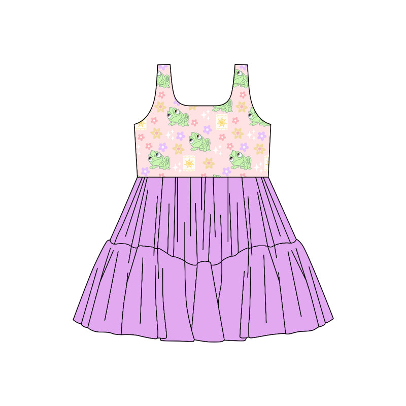 (Custom Design Preorder MOQ 5) Cartoon Frog Flowers Girls Sleeveless Tulle Dress