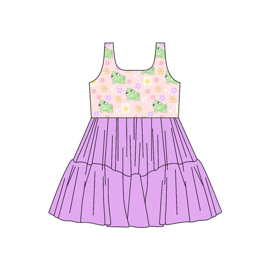 (Custom Design Preorder MOQ 5) Cartoon Frog Flowers Girls Sleeveless Tulle Dress
