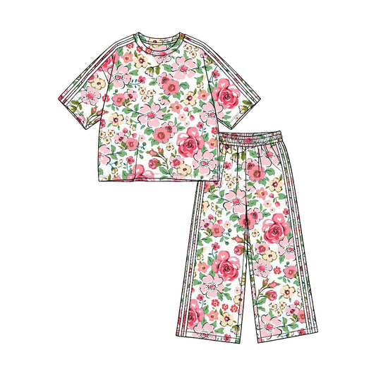 (Custom Design Preorder MOQ 5) Pink Flowers Print Straight Pockets Pants Girls Clothes Set