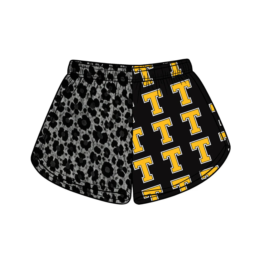 (Custom  Preorder MOQ 5) Baby Girls Black Leopard T Team Shorts Bottom