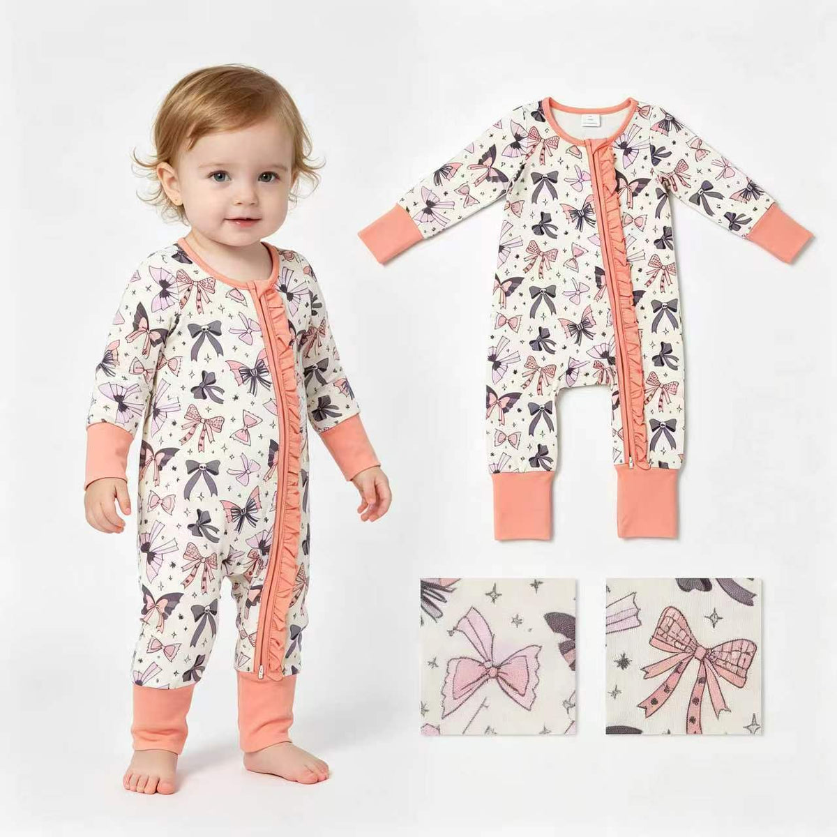 LR3078 Halloween Ghost & Bows Baby Girls Long Sleeve Zipper Sleeper Romper