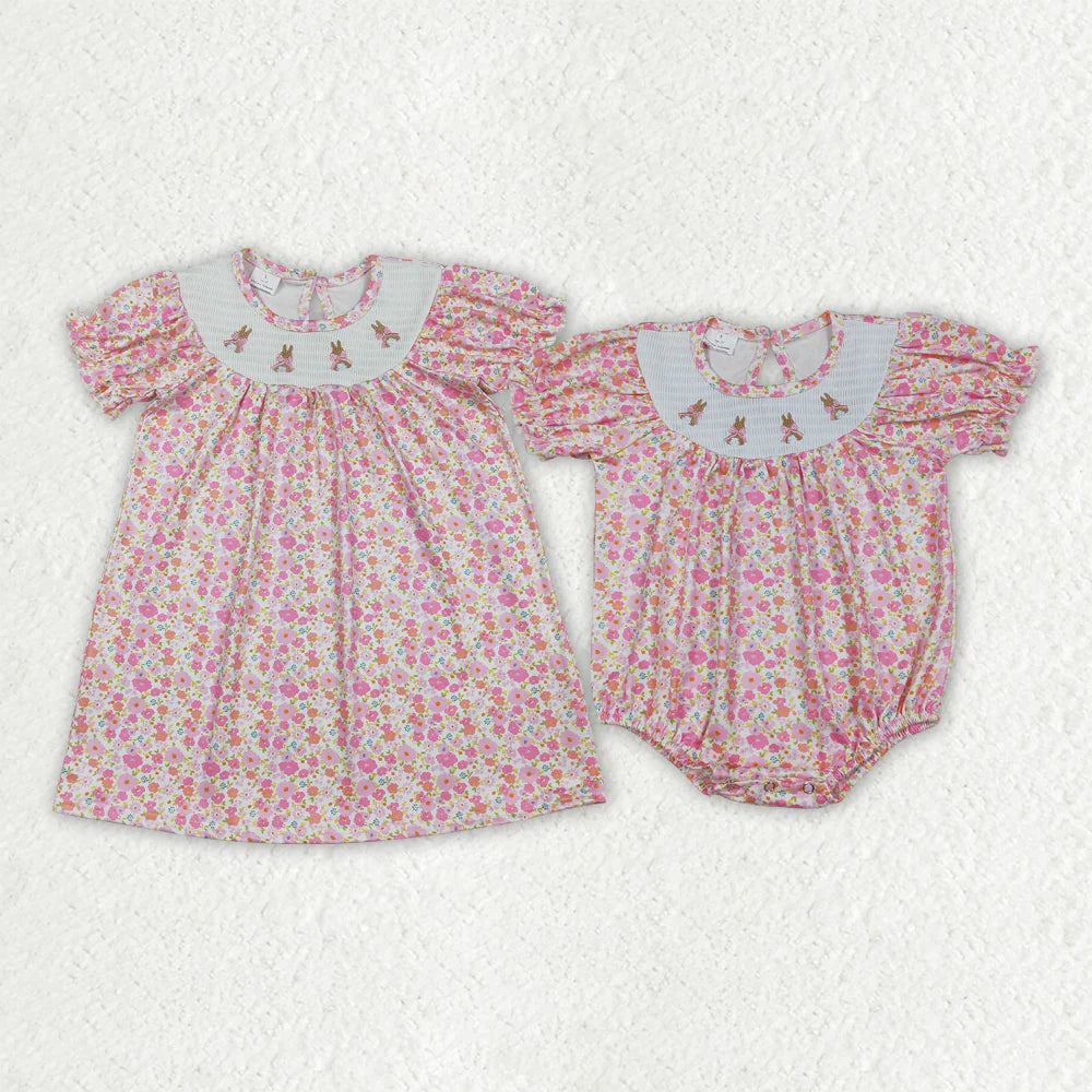 Sibling Baby Girls Smocked Bow Rabbits Flowers Easter Knee Length Dress Ruffle Rompers