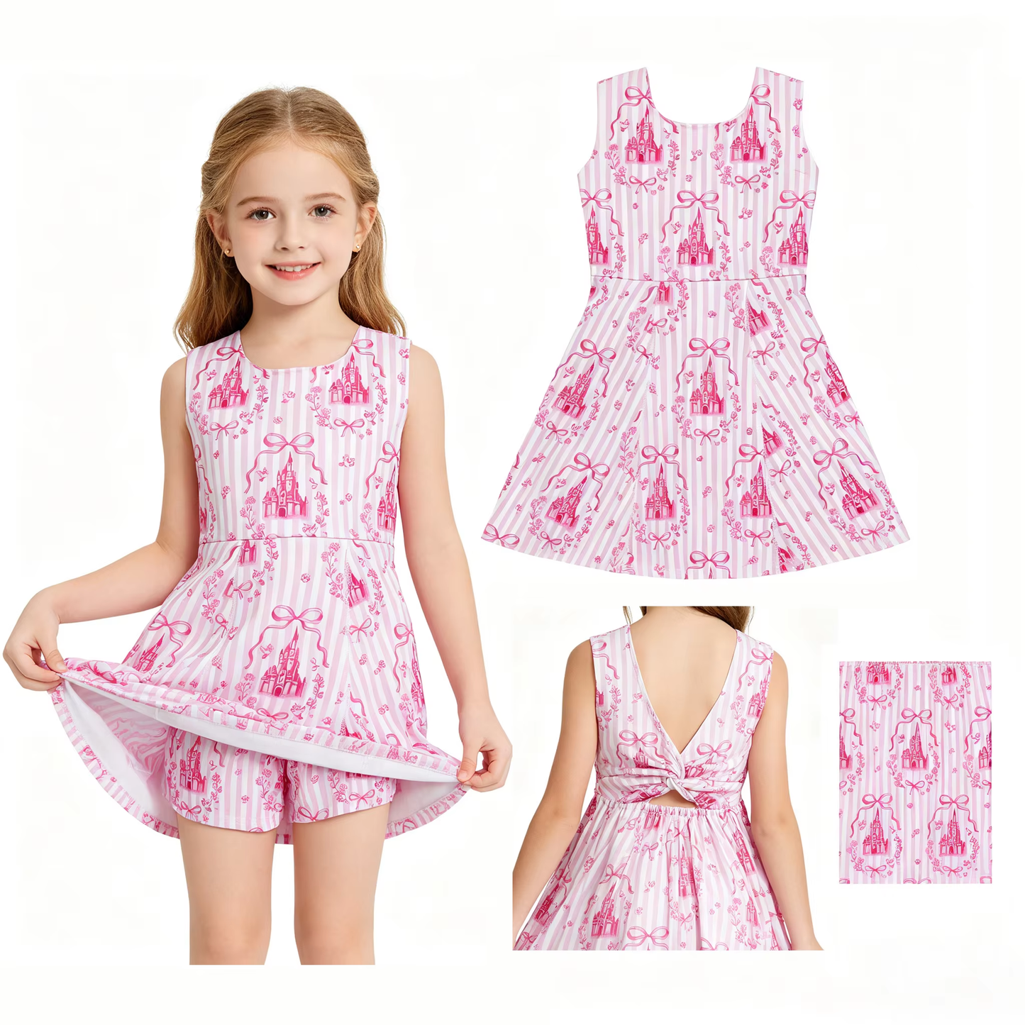 GSD3815 Castle Flowers Bows Stripes Pink Print Girls Summer Shorts Knee Length Yoga Dress