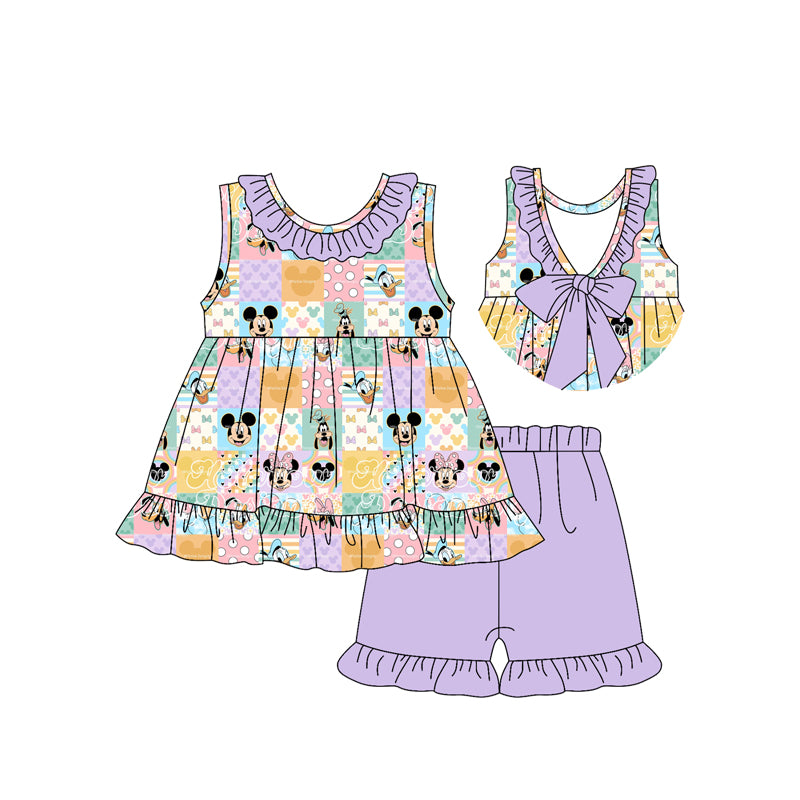 (Custom Design Preorder MOQ 5)  Colorful Plaid Cartoon Mouse Backless Tunic Top Purple Shorts Girls Summer Outfits