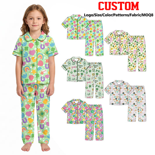(Custom Design Preorder MOQ 5 Each)Lucky Rainbow Print Girls St Patrick Day Buttons Pajamas Clothes Set Sisters Wear
