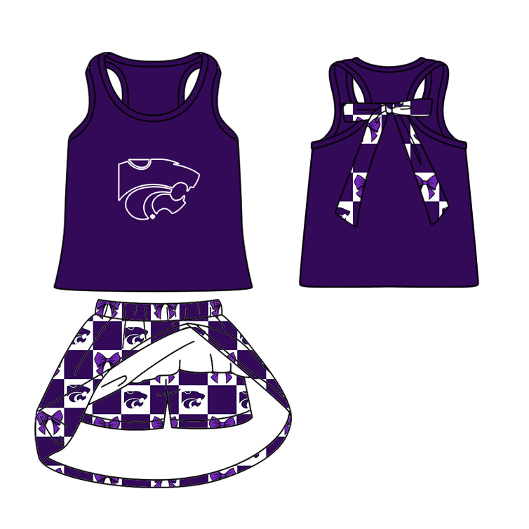 (Custom Design Preorder MOQ 5 Each Item) Teams Kansas State Wildcats Bows Purple Plaid Print Kids Clothes Sibling & Family Matching Styles