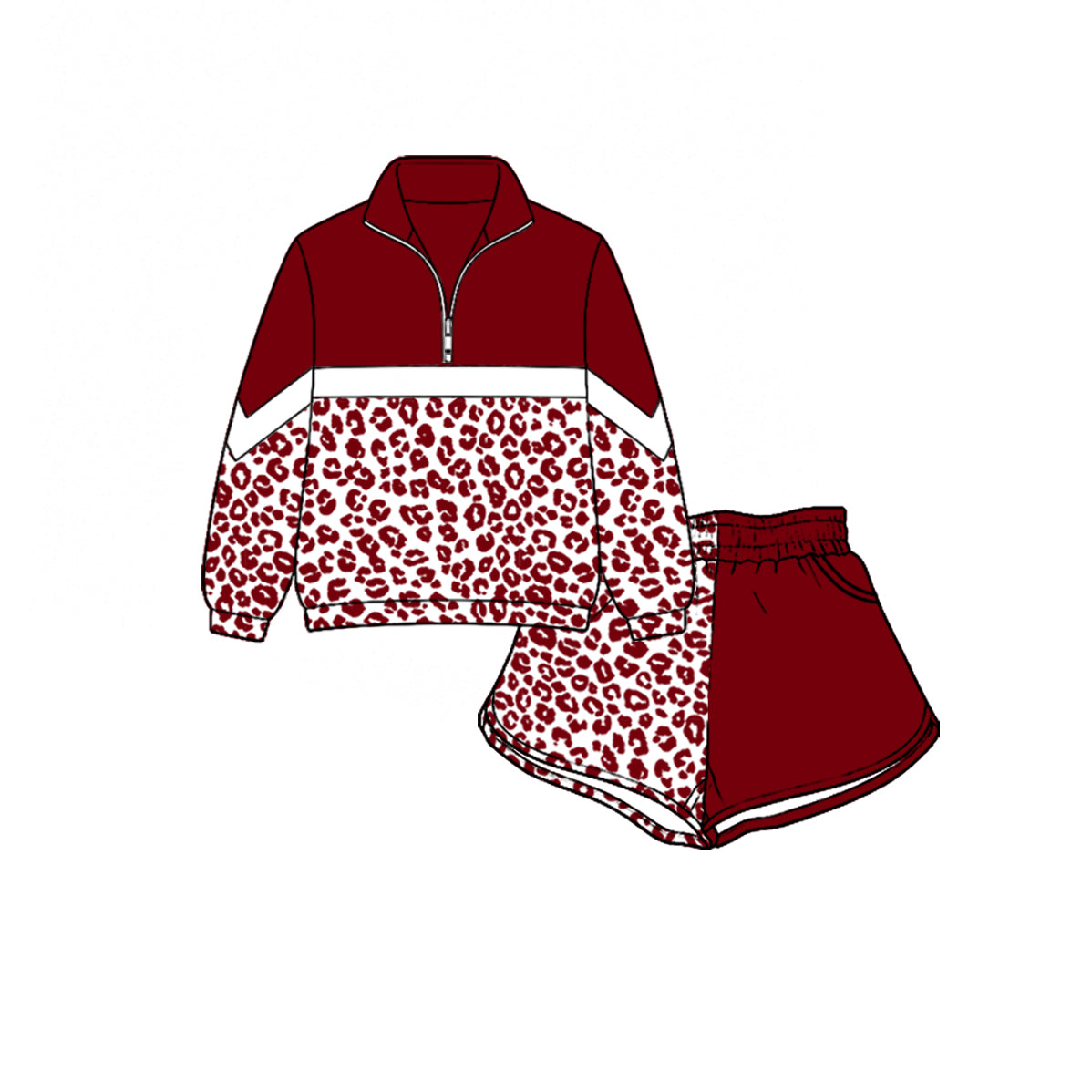 (Custom Design Preorder MOQ 5) Teams Wine Leopard Zipper Pullover Top Split Shorts Girls Kids Clothes Set