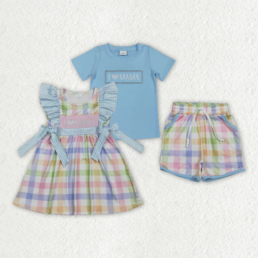 I LOVE MAMA Colorful Plaid Print Kids Summer Clothes Sibling Matching Styles