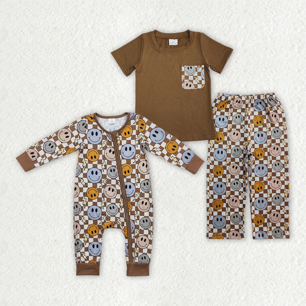Smiling Plaid Brown Print Boys Styles Brothers Matching Wear
