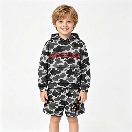 (Custom Design Preorder MOQ 5) Teams Germantown Mavericks Black Camo Hoodie Top Pockets Shorts Boys Clothes Set