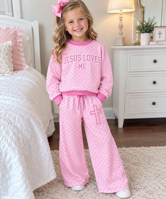 Preorder( 5  MOQ) Baby Girls  Jesus Love Me Pink Polka Dot Outfit