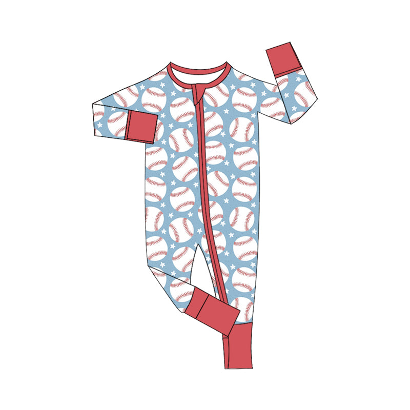 (Custom Design Preorder MOQ 5 ) Baseball Print Baby Fall Zipper Sleeper Romper Sibling Wear