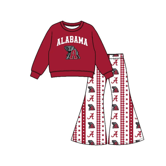 Preorder( 5  MOQ) Baby Girls Sport Team Alabama Long Sleeve Top Bell Bottom Pants Outfit
