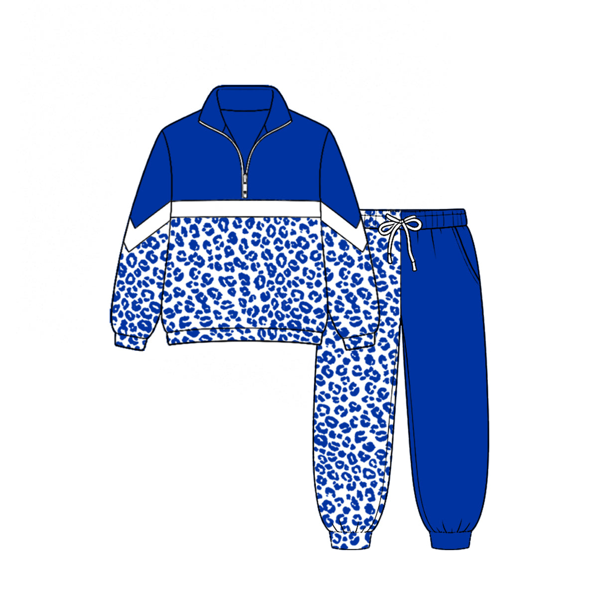 (Custom Design Preorder MOQ 5) Teams Blue Leopard Zipper Pullover Top Split Joggers Pants Girls Kids Fall Clothes Set