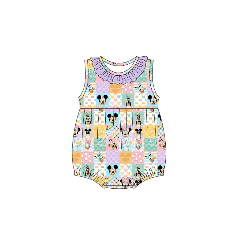 (Custom Design Preorder MOQ 5 ) Colorful Plaid Cartoon Mouse Print Baby Girls Sleeveless Romper