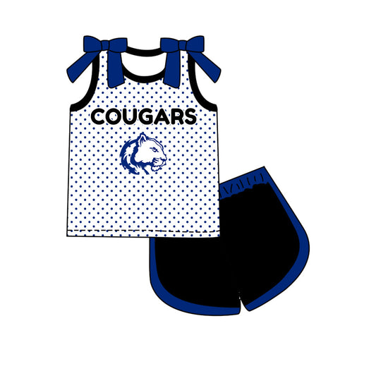 Preorder (moq 5)Baby Girls Bows Cougars Polka Dots Top Short Team Clothes Set