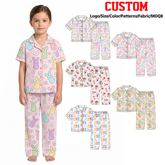 (Custom Design Preorder MOQ 5 Each)Bunny Colorful Print Girls Easter Buttons Pajamas Clothes Set Sisters Wear