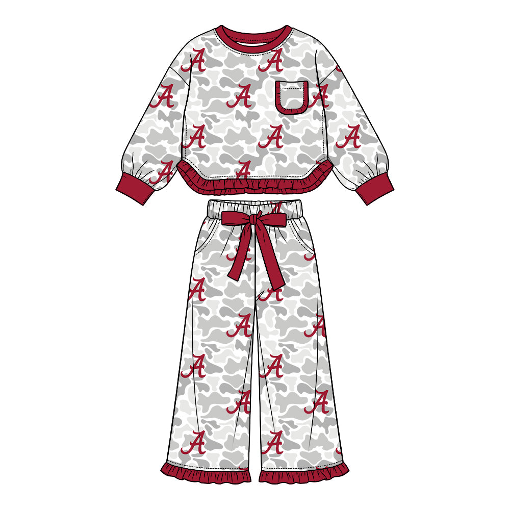 (Custom Design Preorder MOQ 5 Each)Teams Logo Camo Print Long Sleeve Top Pockets Pants Girls Clothes Set Sisters Wear