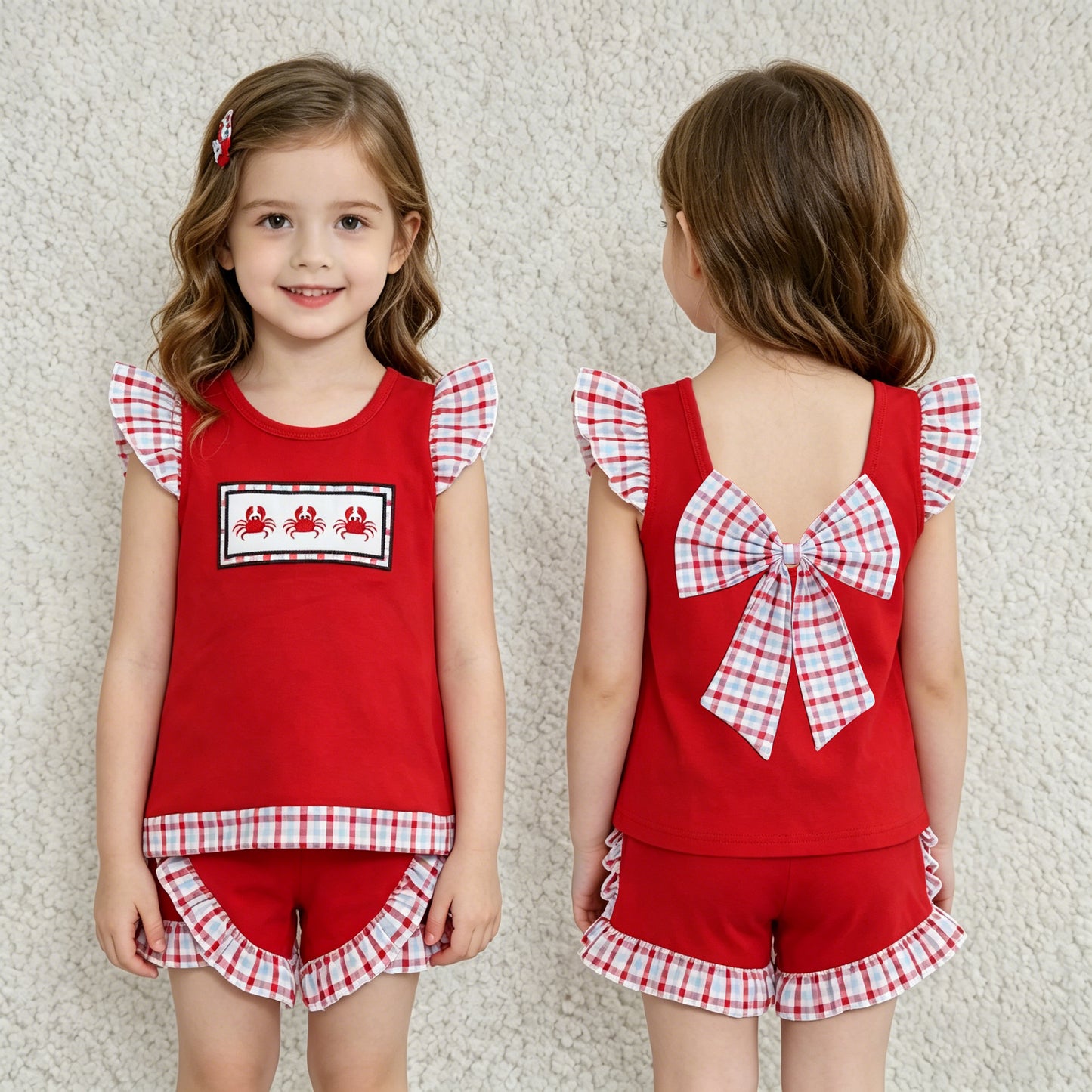 Toddler Girl Crab Embroidery Outfit - Red Plaid Ruffle Top & Shorts Set