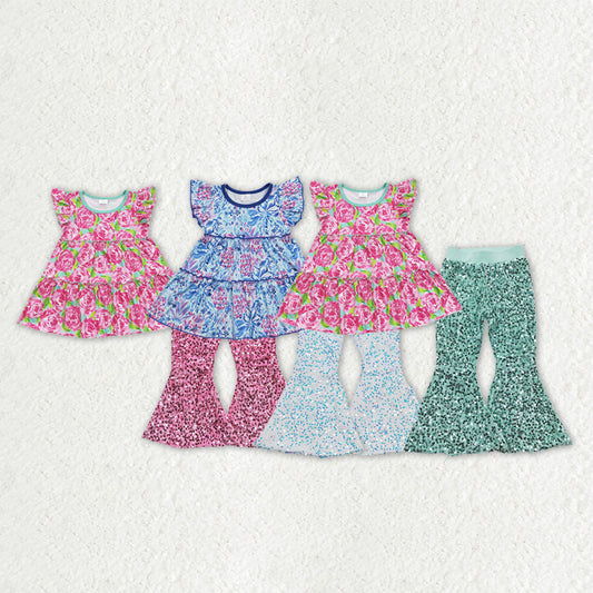 Sibling Baby Girls Flutter Sleeve Colorful Floral Tunic Sequin Bell Bottom Pant Clothes Set