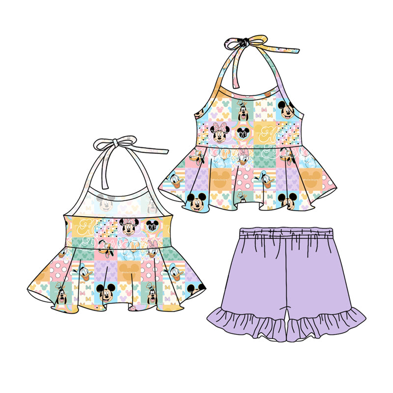 (Custom Design Preorder MOQ 5)  Colorful Plaid Cartoon Mouse Halter Tunic Top Purple Shorts Girls Summer Outfits