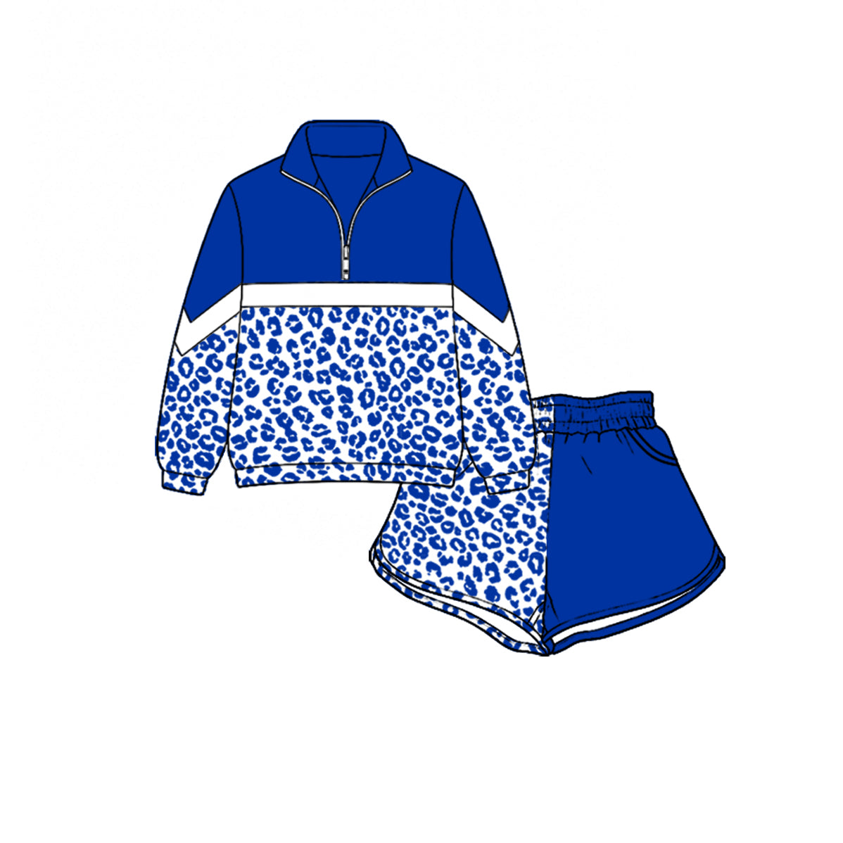 (Custom Design Preorder MOQ 5) Teams Blue Leopard Zipper Pullover Top Split Shorts Girls Kids Clothes Set