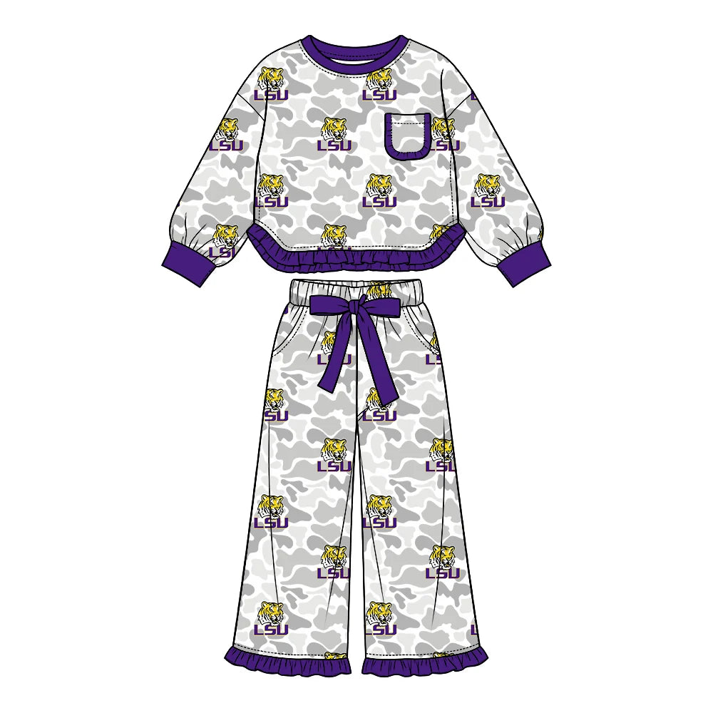 Preorder( 5  MOQ) Baby Girls Sport Team LSU Camo Long Sleeve Wide Pants Outfit