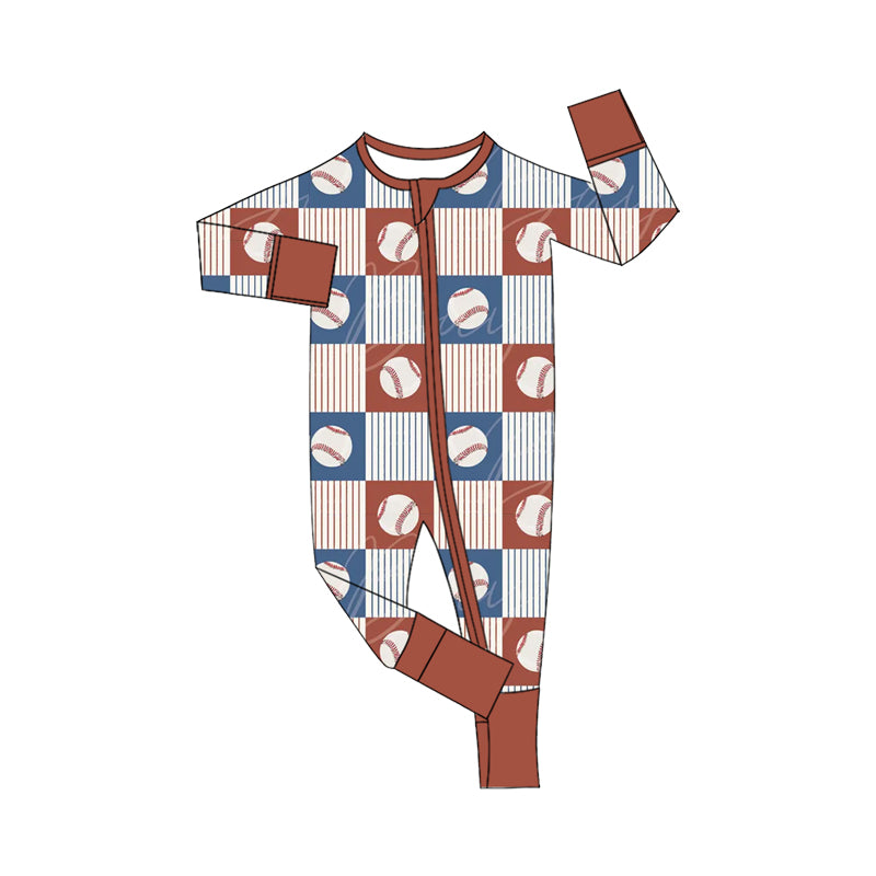 (Custom Design Preorder MOQ 5 ) Baseball Print Baby Fall Zipper Sleeper Romper Sibling Wear
