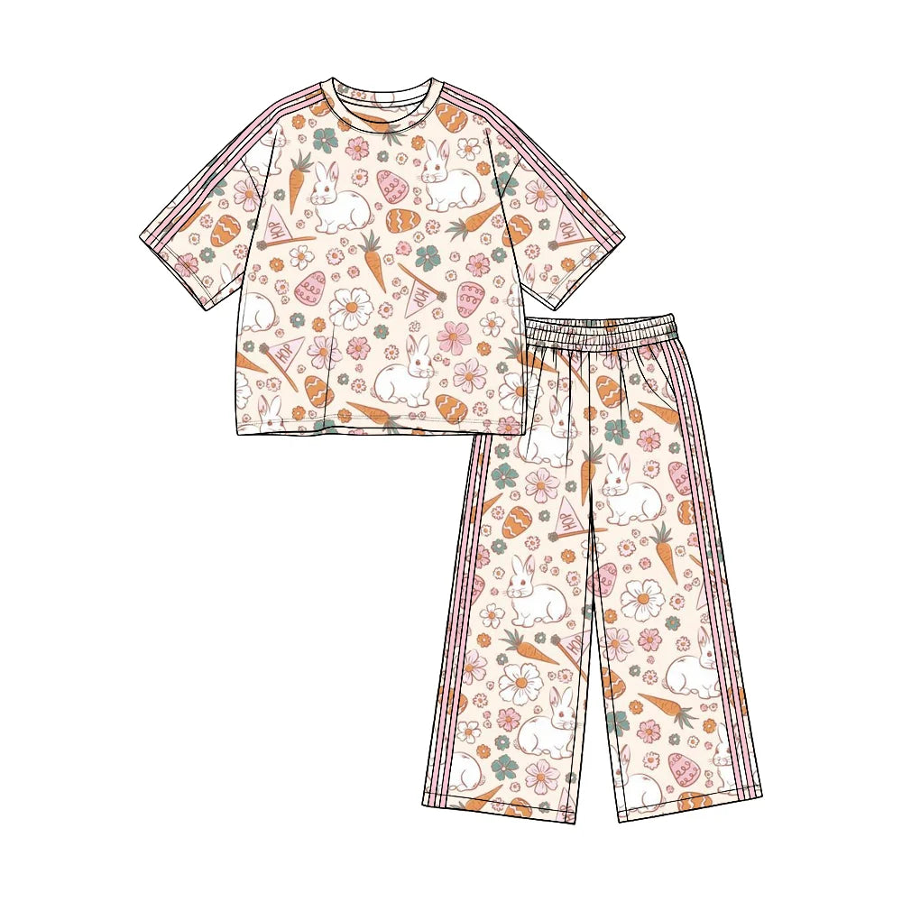 (Custom Design Preorder MOQ 5) Pink Flowers Bunny Print Straight Pockets Pants Girls Easter Clothes Set