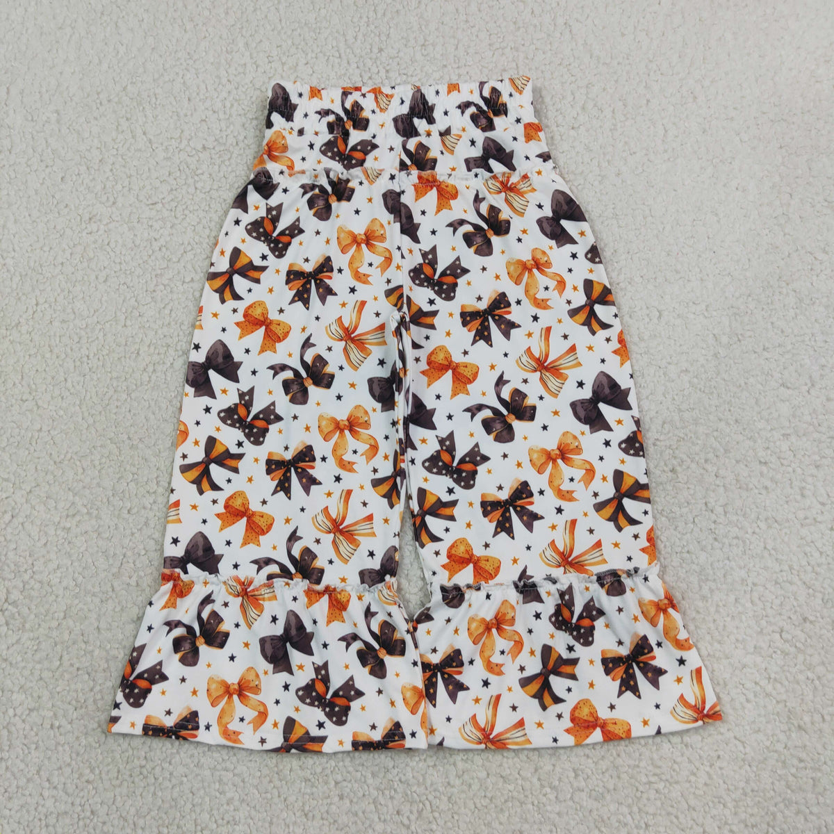 P1068 Orange Black Bow Star Print Girls Halloween Wide Leg Ruffle Pants