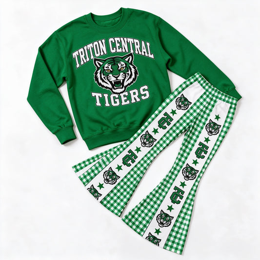 （Custom Preorder 5 MOQ）Sport Team Tigers Green Top Bell Bottom Pants Outfit