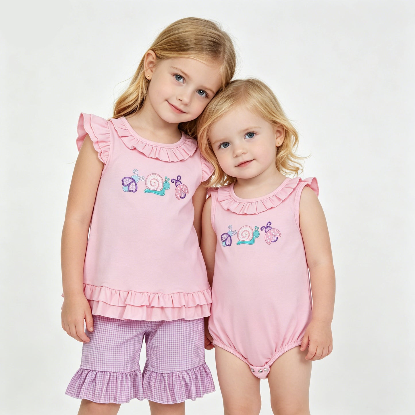 Matching Sister Snail & Butterfly Outfits - Pink Ruffle Embroidery Sibling Set