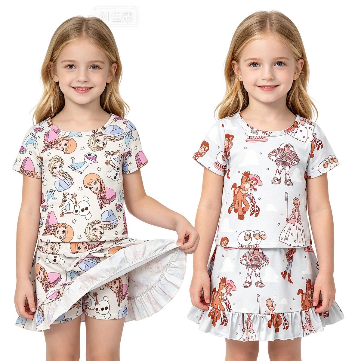 Sibling Baby Girls Cartoon character Outfit Short Sleeve Top +Skort Set
