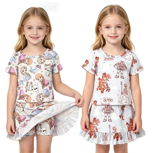 Sibling Baby Girls Cartoon character Outfit Short Sleeve Top +Skort Set