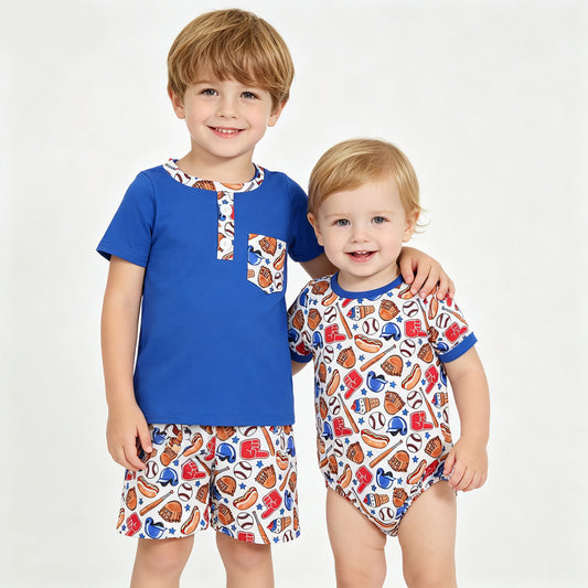 4th of July Baseball Brother Matching Outfit Blue Toddler & Baby Boys Sports Set Summer Vacation