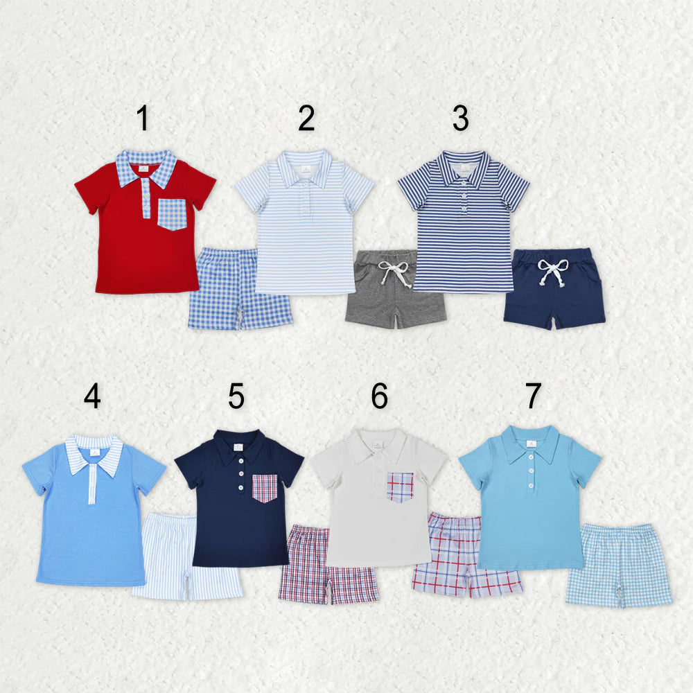 Sibling Baby Boys Stripe Plaid Pocket Button Polo Shirts Pockets Short Clothes Set