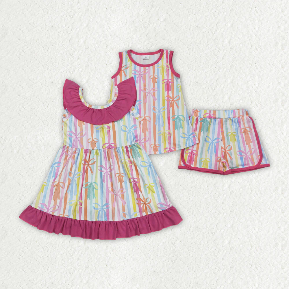 Sibling Baby Girls Sleeveless Colorful Stripe Bows Top Shorts Sets Knee Length Dresses